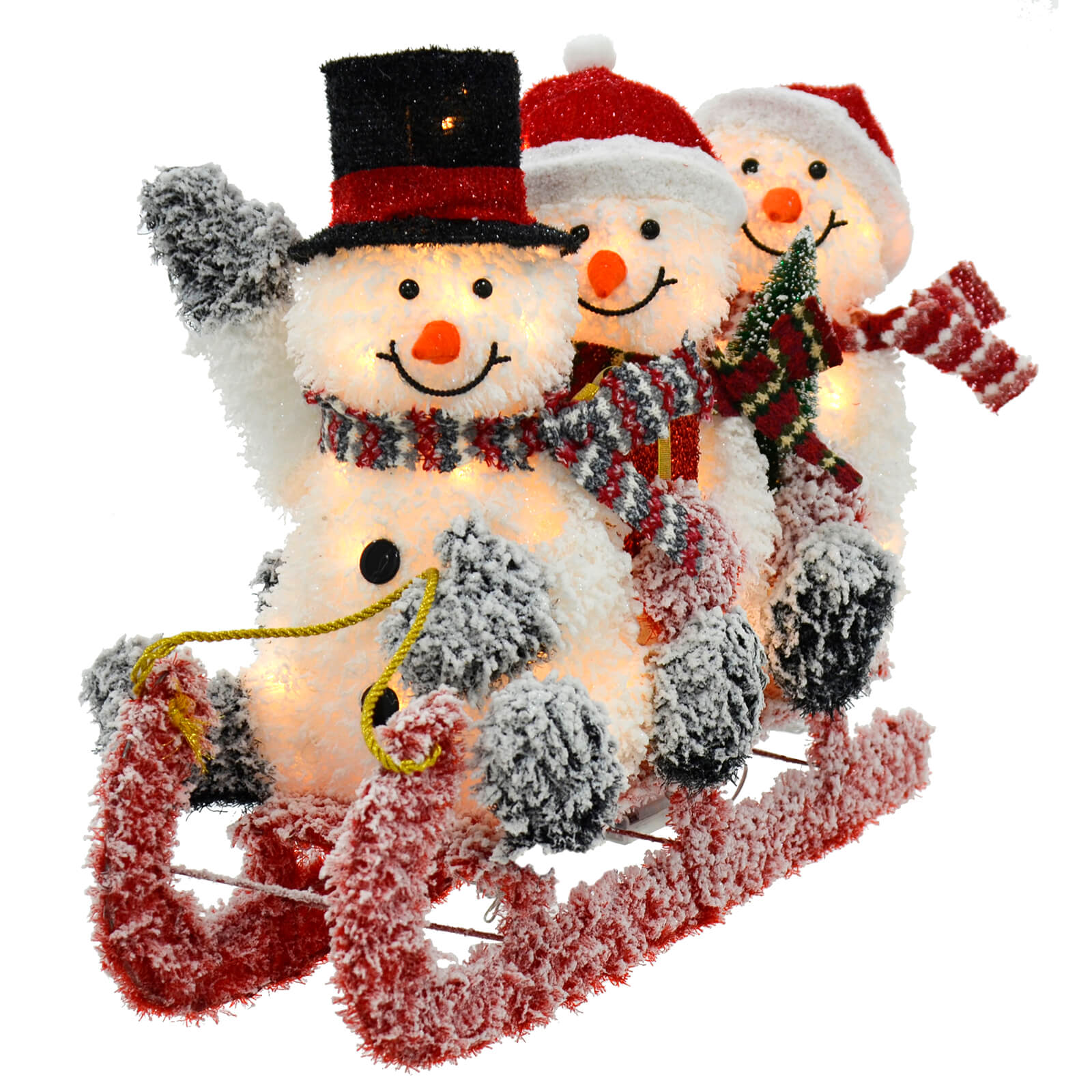 Light up large snowmen on sledge Christmas decoration with warm white LED lights, red sledge with gold rope, fabric hats and scarves